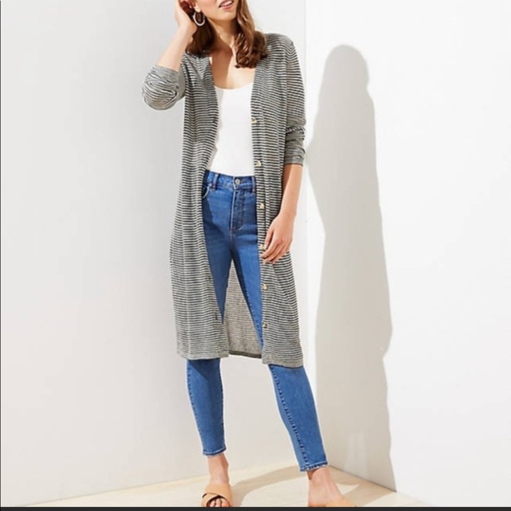 LOFT | Olive Striped Long V-Neck Cardigan Duster